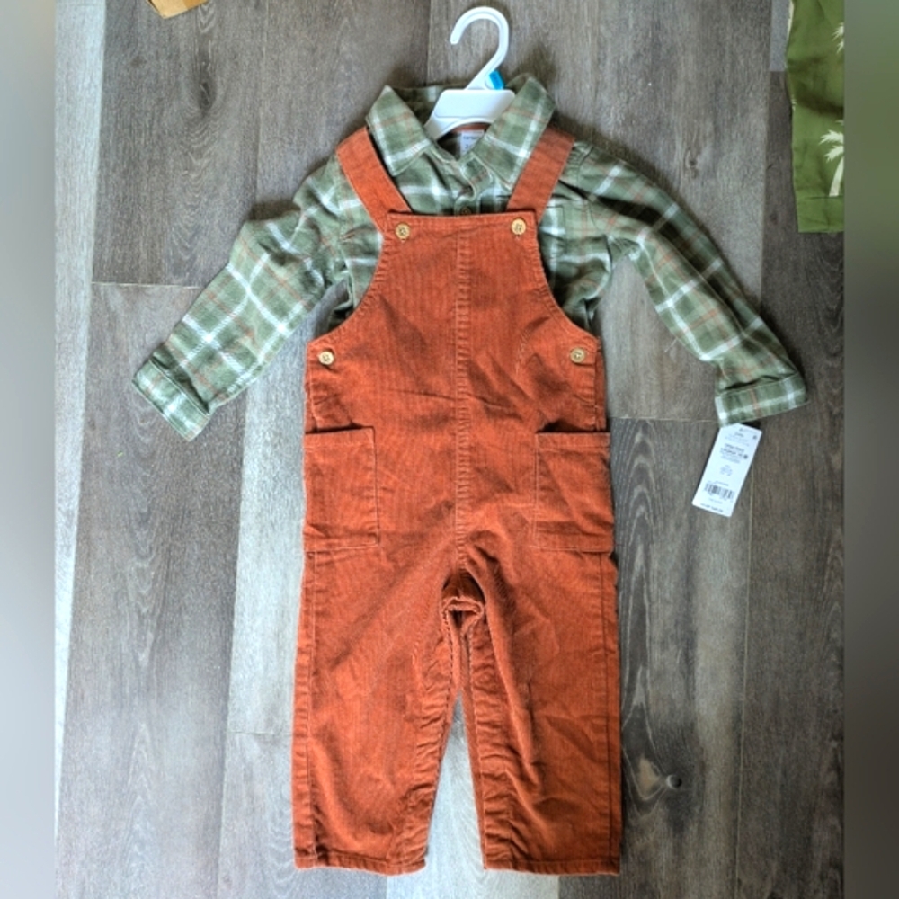 NWT Carter's Boy's Copper Overalls with Green Plaid Shirt - Size 2T